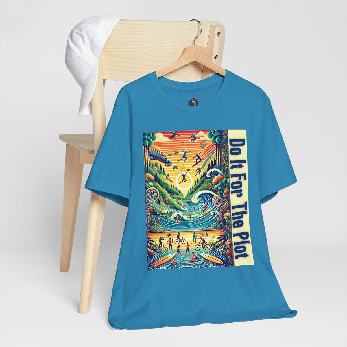 Blue graphic T-shirt with colorful square panel and vertical typography print