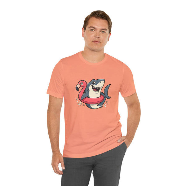 Coral T-shirt with shark and flamingo floatie front design, side view