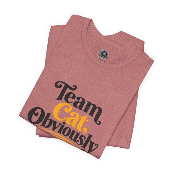 Heather mauve T-shirt pair stacked, “Team Cat Obviously” graphic on front