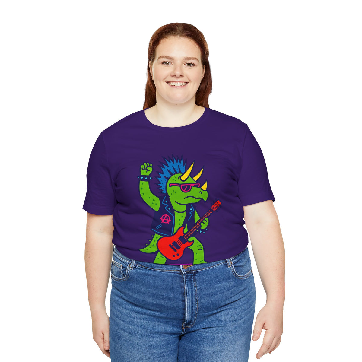 Purple crewneck graphic dinosaur t-shirt with triceratops playing guitar, plus-size fit