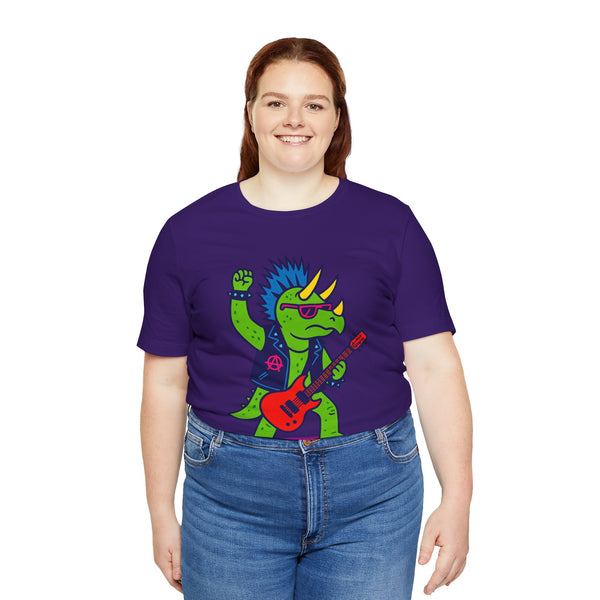 Purple crewneck graphic dinosaur t-shirt with triceratops playing guitar, plus-size fit