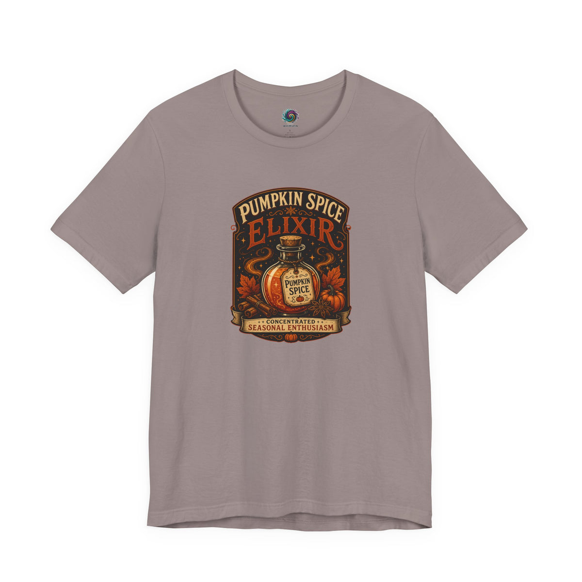 Heather gray crew-neck T-shirt with Pumpkin Spice Elixir front graphic