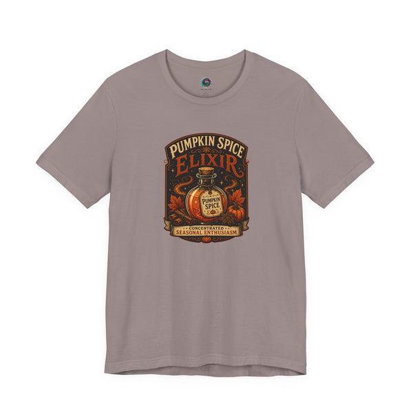 Heather gray crew-neck T-shirt with Pumpkin Spice Elixir front graphic