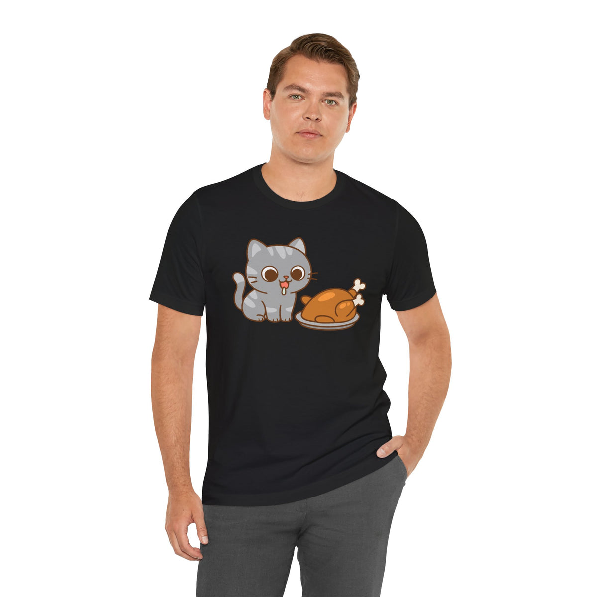 Black crew-neck T-shirt with cute cartoon cat holding turkey