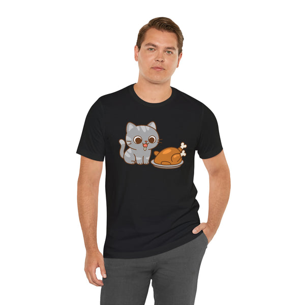 Black crew-neck T-shirt with cute cartoon cat holding turkey