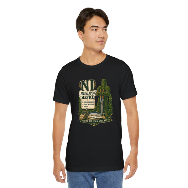 Black crew-neck T-shirt with landscaping service graphic, front view on model