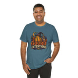 Teal T-shirt with witch-hat pumpkin “Gourd Intentions” front graphic