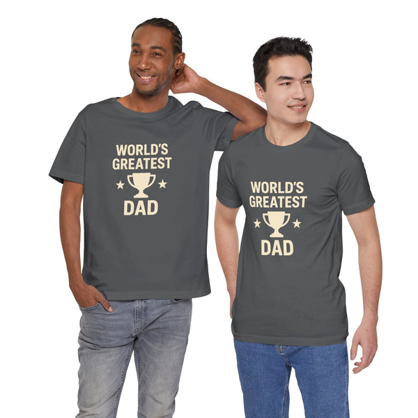 Dark gray T-shirt on two men, trophy graphic with 'World's Greatest Dad' text