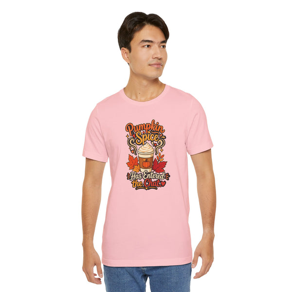 Pink crew-neck T-shirt with Pumpkin Spice “Has Entered the Chat” graphic