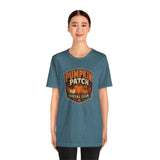 Teal heather crew-neck T-shirt with Pumpkin Patch Social Club logo on chest