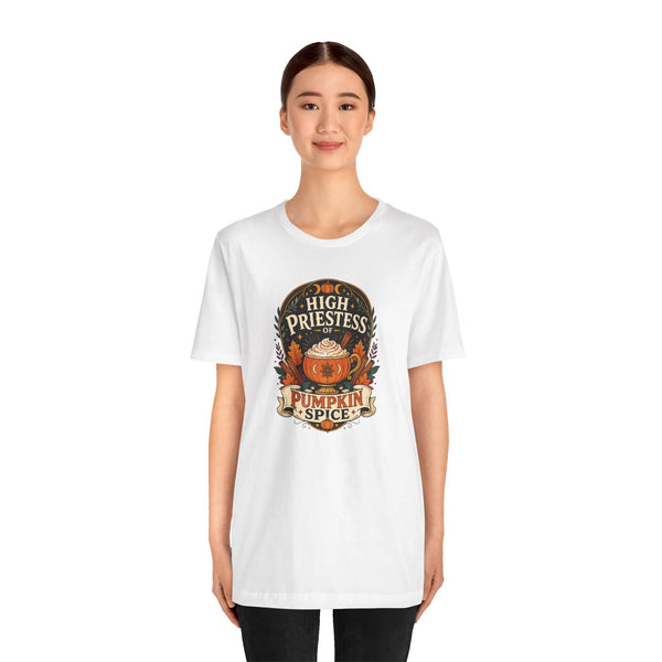 White T-shirt with pumpkin spice emblem graphic on the chest, model standing