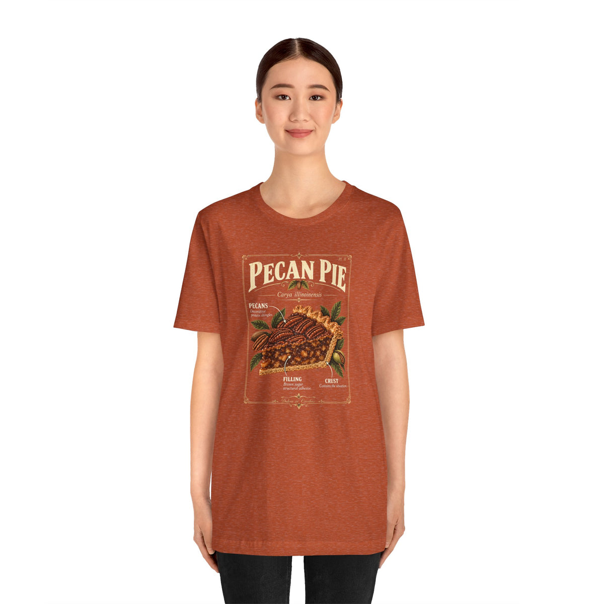 Rust orange crew-neck t-shirt with pecan pie diagram-style front print