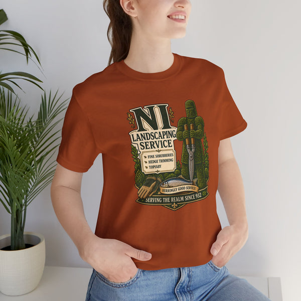 Rust orange crew-neck T-shirt with “Landscaping Service” graphic on the chest