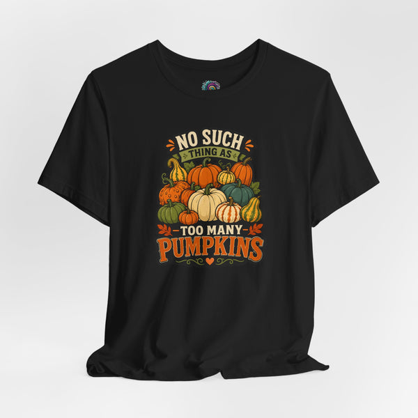 Black crewneck t-shirt with colorful pumpkin graphic and fall quote print