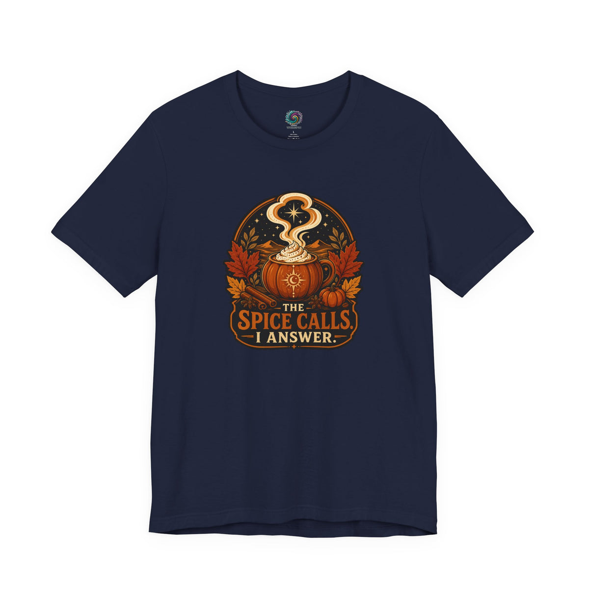 Navy T-shirt with front circular pumpkin spice cauldron graphic text "I ANSWER".