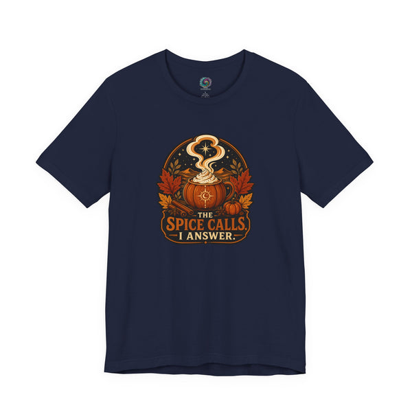 Navy T-shirt with front circular pumpkin spice cauldron graphic text "I ANSWER".