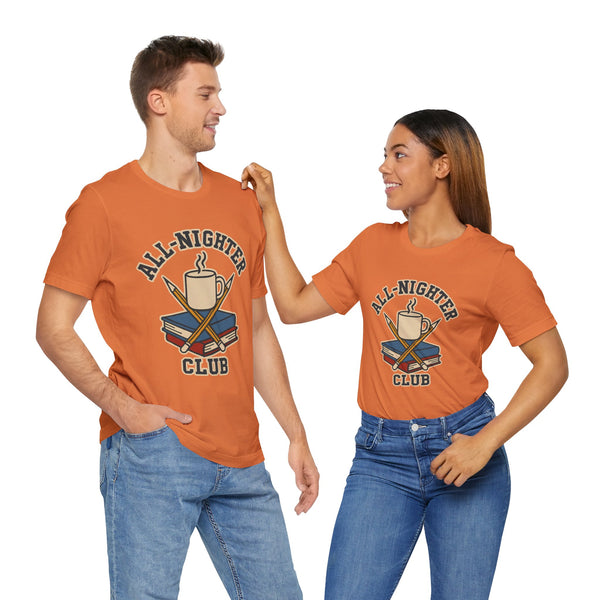 Orange T-shirt with caffeine cup and books 'All-Nighter Club' graphic, model side view