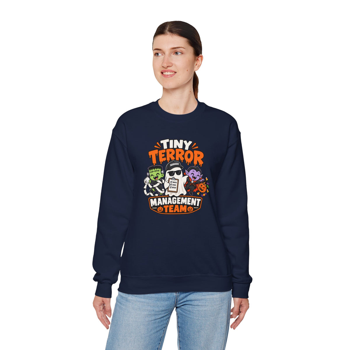 Tiny Terror Management Team Sweatshirt – Funny Halloween Parent Crewneck