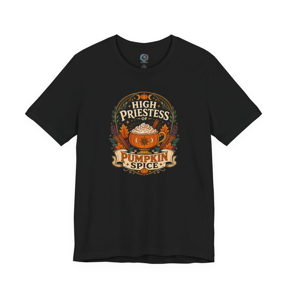 Black T-shirt with “High Priestess” pumpkin spice crest graphic on the front