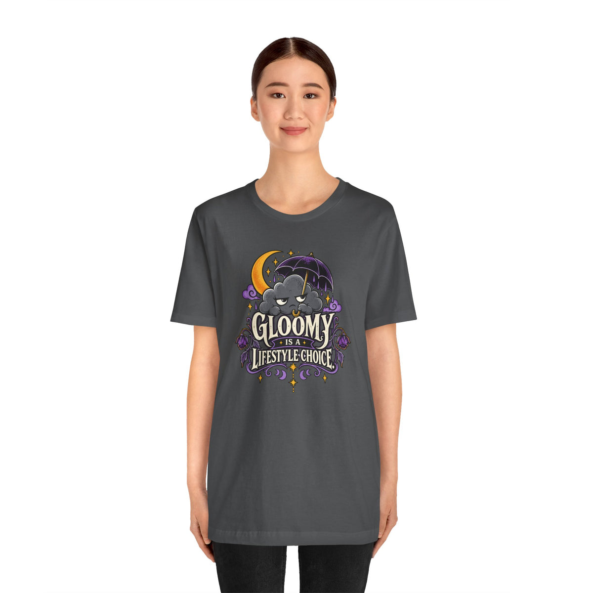 Dark heather t-shirt with front graphic print, crew neck, short sleeves