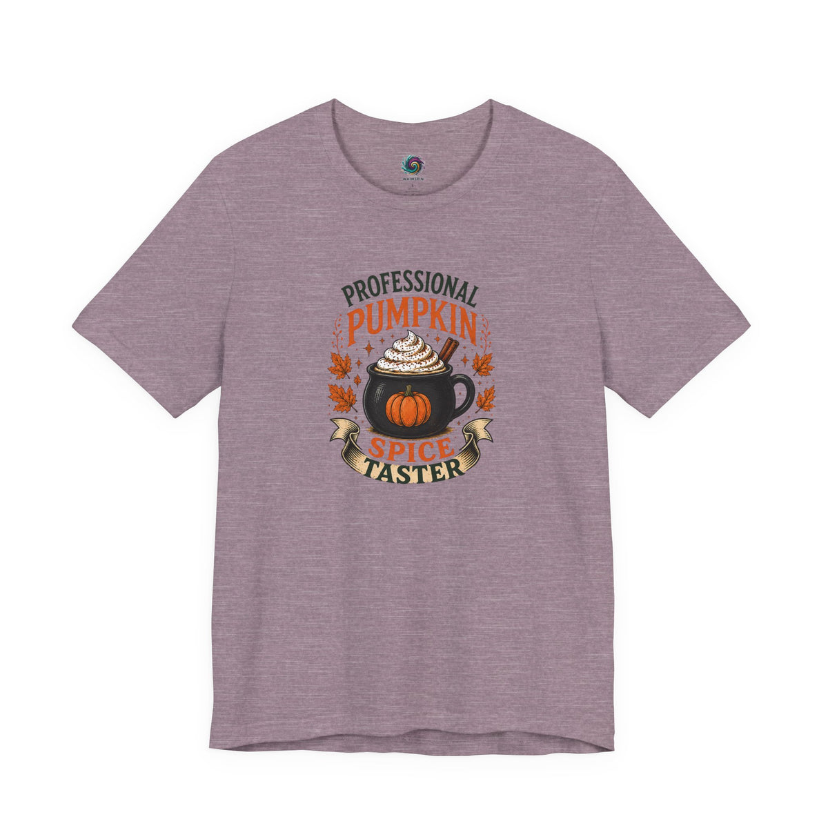 Heather purple crew-neck T-shirt with colorful pumpkin-spice coffee graphic on the chest