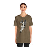 Olive-brown crew-neck t-shirt with gray monster graphic print on the front