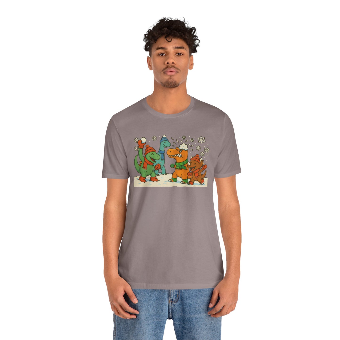 Dinosaur Snowball Fight T-Shirt – Funny Winter Dino Graphic Tee