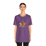 Purple crewneck T-shirt with orange fish swimming graphic, front view