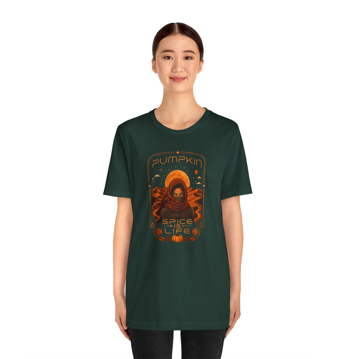 Dark green crew-neck T-shirt with orange “Pumpkin Spice Life” sci-fi graphic, front