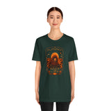 Dark green crew-neck T-shirt with orange “Pumpkin Spice Life” sci-fi graphic, front