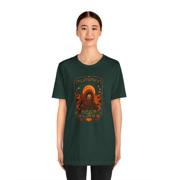 Dark green crew-neck T-shirt with orange “Pumpkin Spice Life” sci-fi graphic, front