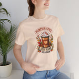 Light beige crewneck T-shirt with pumpkin spice self-care season front print