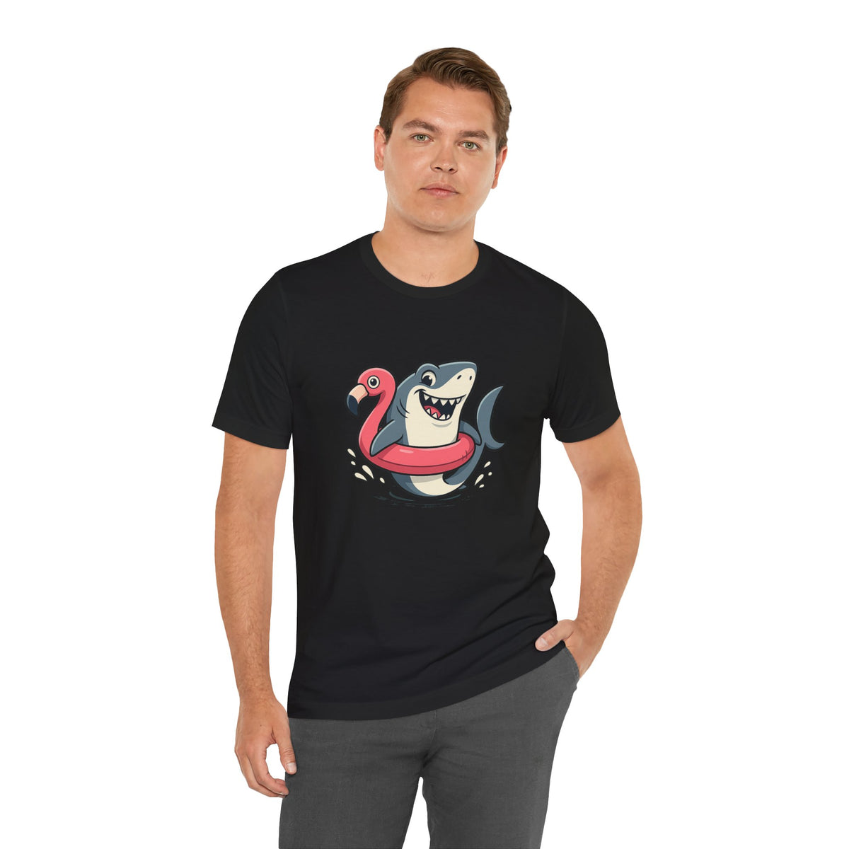 Black crew-neck T-shirt with shark and flamingo floatie graphic on chest