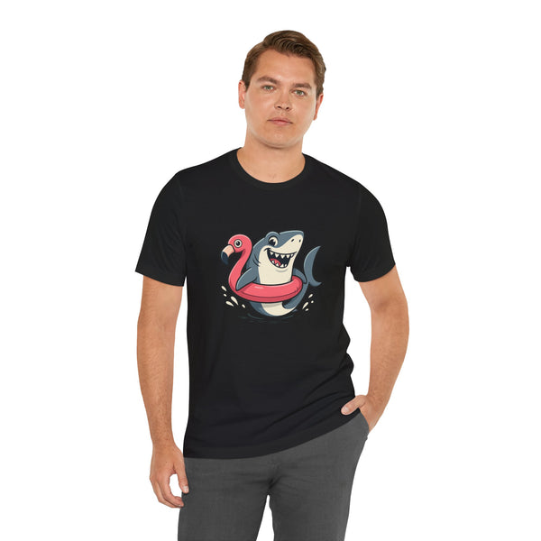 Black crew-neck T-shirt with shark and flamingo floatie graphic on chest