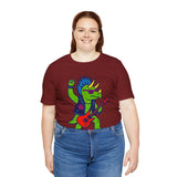 Burgundy graphic dinosaur punk-rocker T-shirt with colorful triceratops guitar print