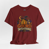Burgundy crew-neck T-shirt with colorful pumpkin and witch graphic on chest
