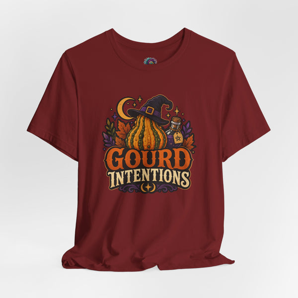 Burgundy crew-neck T-shirt with colorful pumpkin and witch graphic on chest