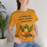 Mustard orange crewneck T-shirt close-up of parrot alarm clock graphic