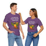 Matching purple crew-neck t-shirts with parrot graphic and “snooze button” slogan