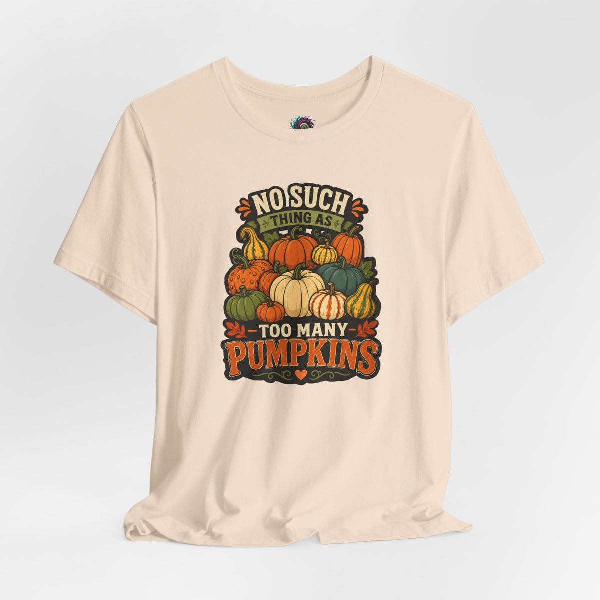 Soft cream crewneck t-shirt with colorful stacked pumpkins and fall lettering
