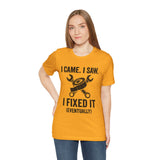 Orange crew-neck T-shirt with black repair-themed graphic and text 
