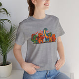 Heather gray crewneck T-shirt with colorful dinosaur Valentine graphic on front