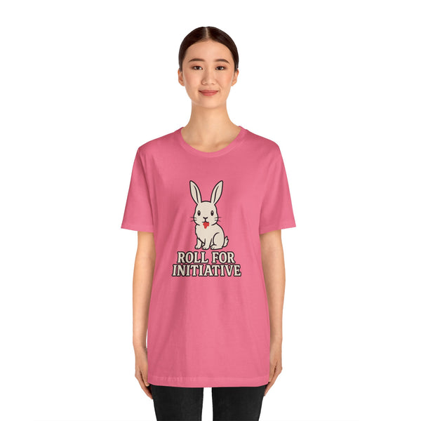 Pink short-sleeve T-shirt with bunny illustration and “Roll for Initiative” print