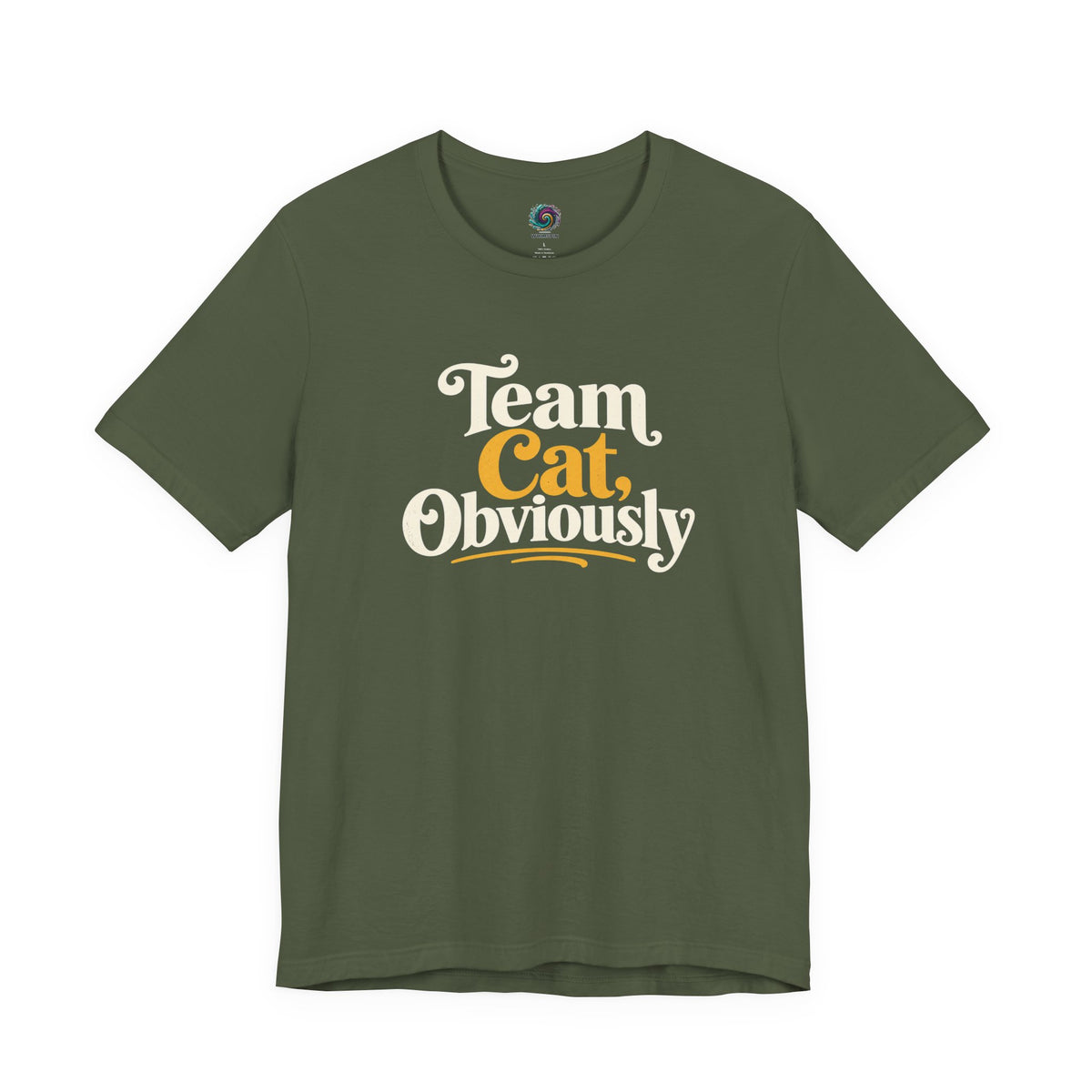 Military green crewneck T-shirt with 'Team Cat, Obviously' lettering graphic