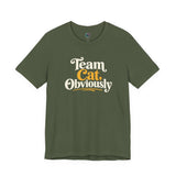 Military green crewneck T-shirt with 'Team Cat, Obviously' lettering graphic