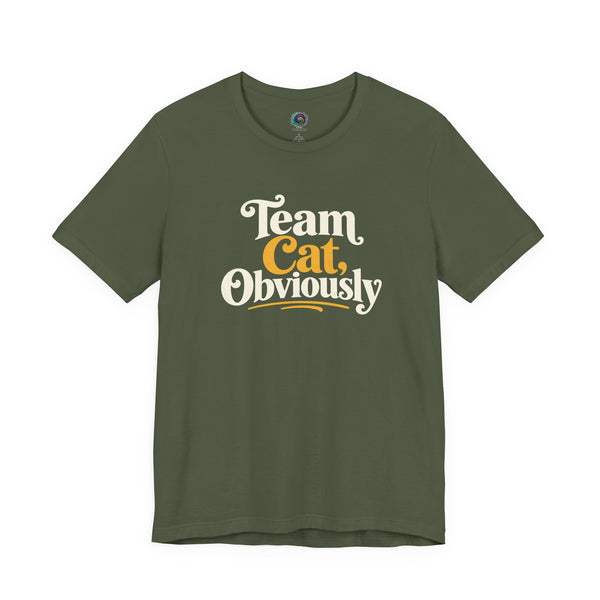 Military green crewneck T-shirt with 'Team Cat, Obviously' lettering graphic