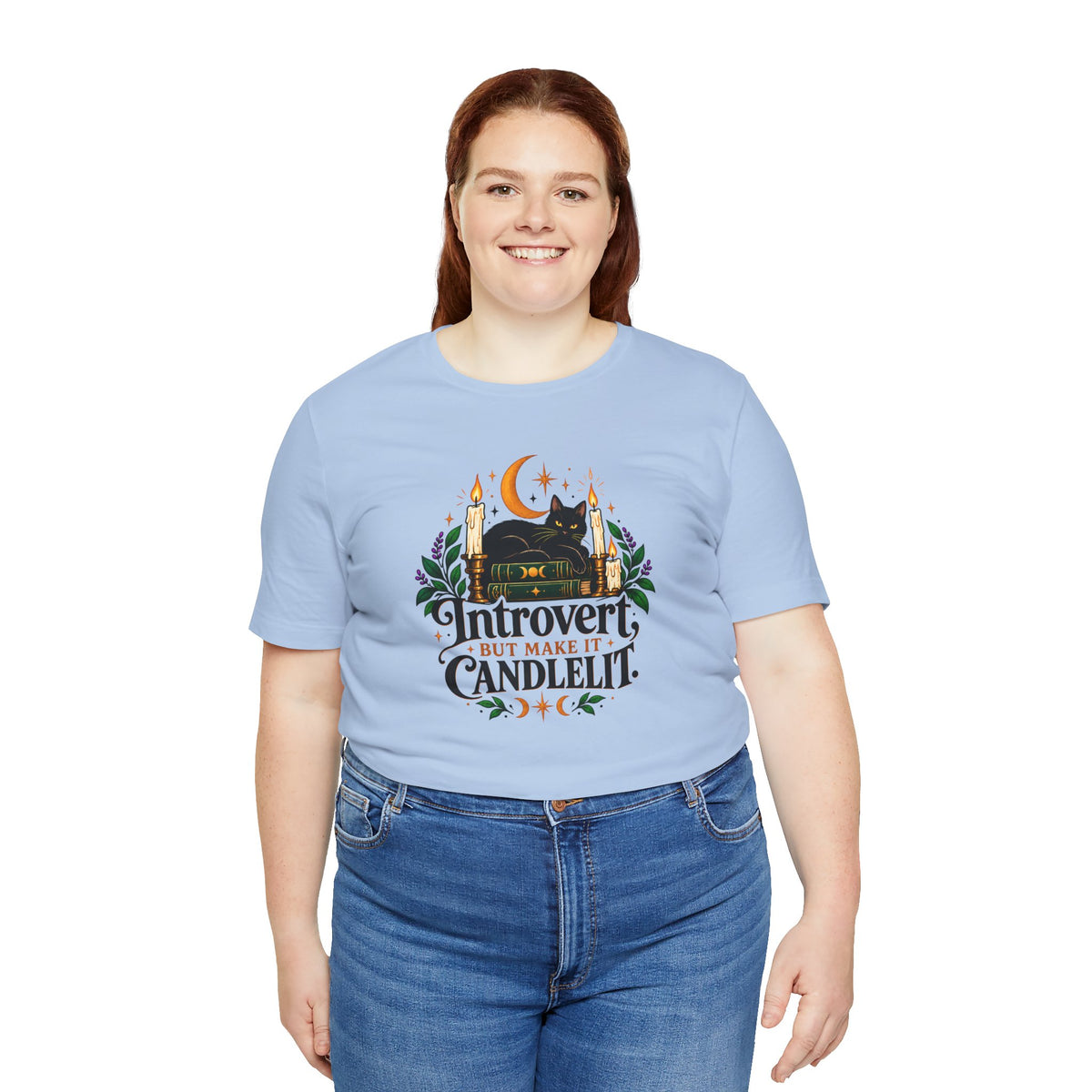 Introvert But Make It Candlelit T-shirt - Witchy Bookish Cat Tee