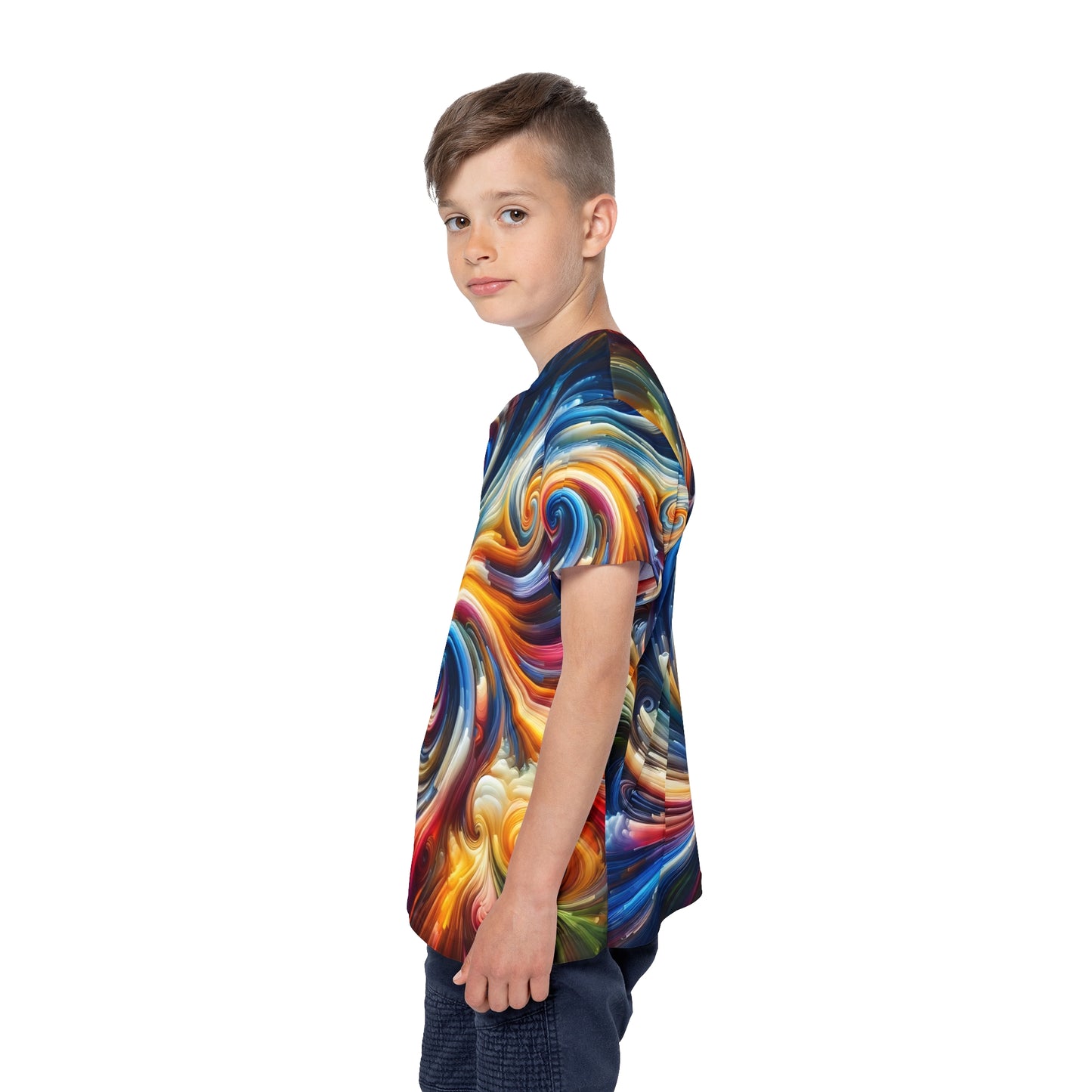 Color Storm Swirl Kids’ Tee – Vibrant All-Over Rainbow Art Shirt