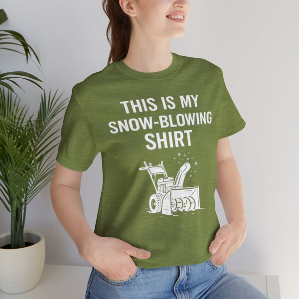 Green crew-neck graphic T-shirt with snow-blowing text and snowblower print