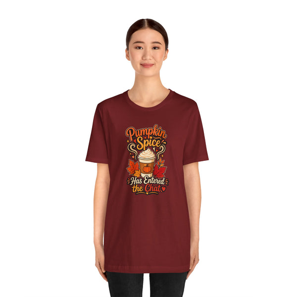 Burgundy crew-neck T-shirt on model with Pumpkin Spice “Has Entered the Chat” graphic